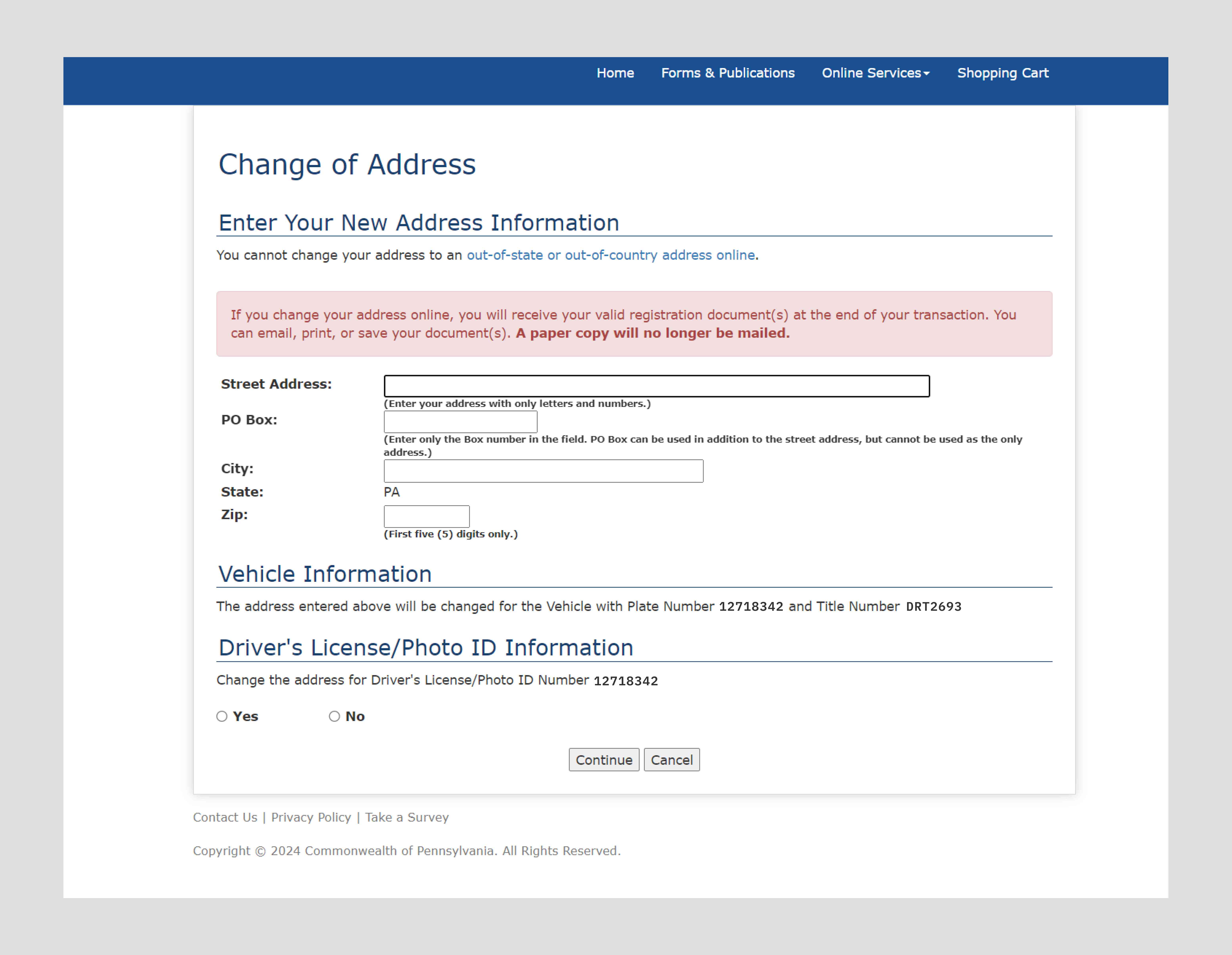 Old PennDOT Change of address page